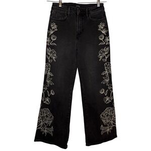 Driftwood Charlee Mid Rise Wide Leg‎ Jeans Womens 26 Black Floral Embroidery
